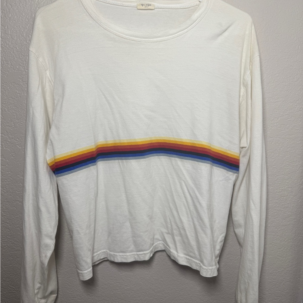 Brandy Melville Cream Long Sleeve Top with Rainbow Stripe